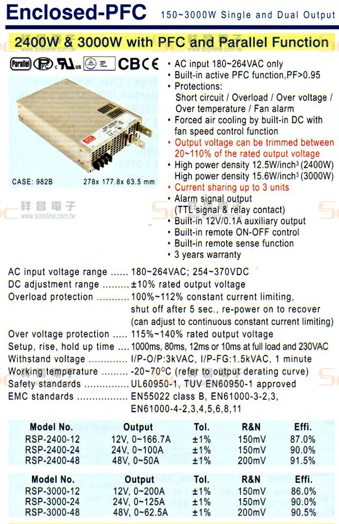 MW RSP-3000-48 單輸出機殼型交換式電源供應器(active PFC)